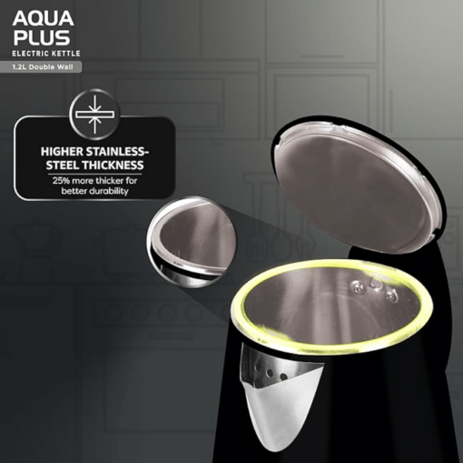 Havells Electric Kettle Aqua Plus 1250 Watts 1.2 liters , Double Layered Cool Touch Outer Body | 304 Rust Resistant SS Inner Body with Auto Shut Off | Wider Mouth | 2 Yr Manufacturer Warranty (Black) - Image 3